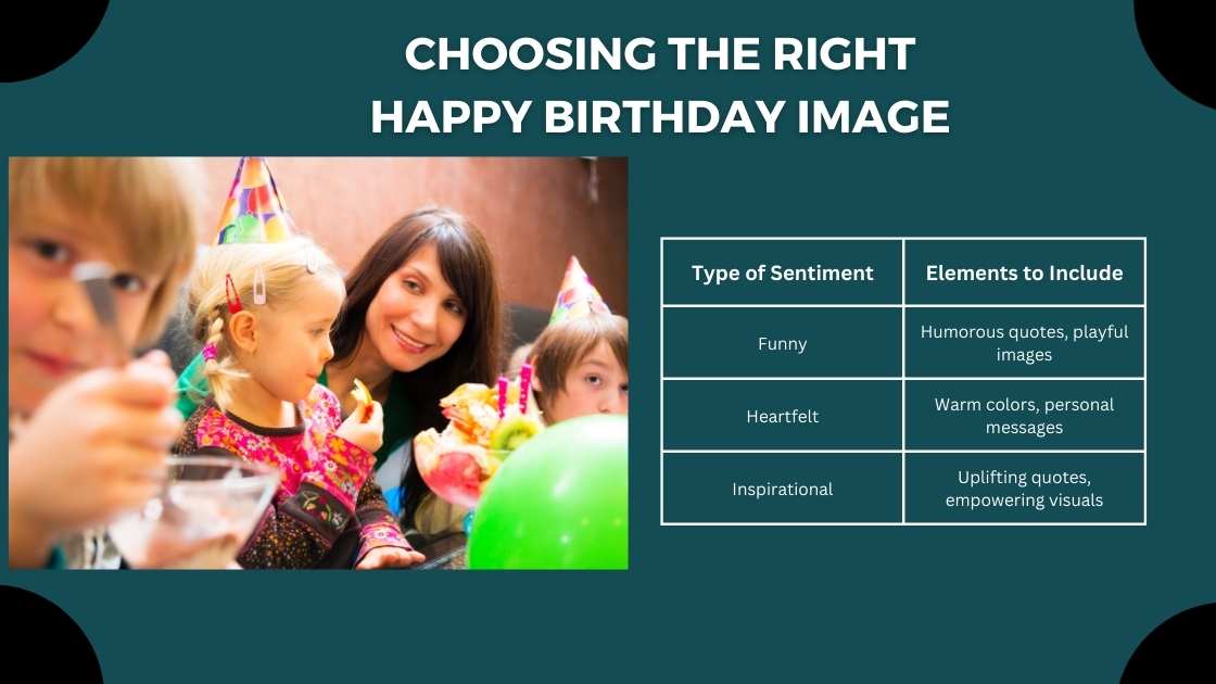 Type of Sentiment	Elements to Include
Funny	Humorous quotes, playful images
Heartfelt	Warm colors, personal messages
Choosing The Right Happy Birthday Image